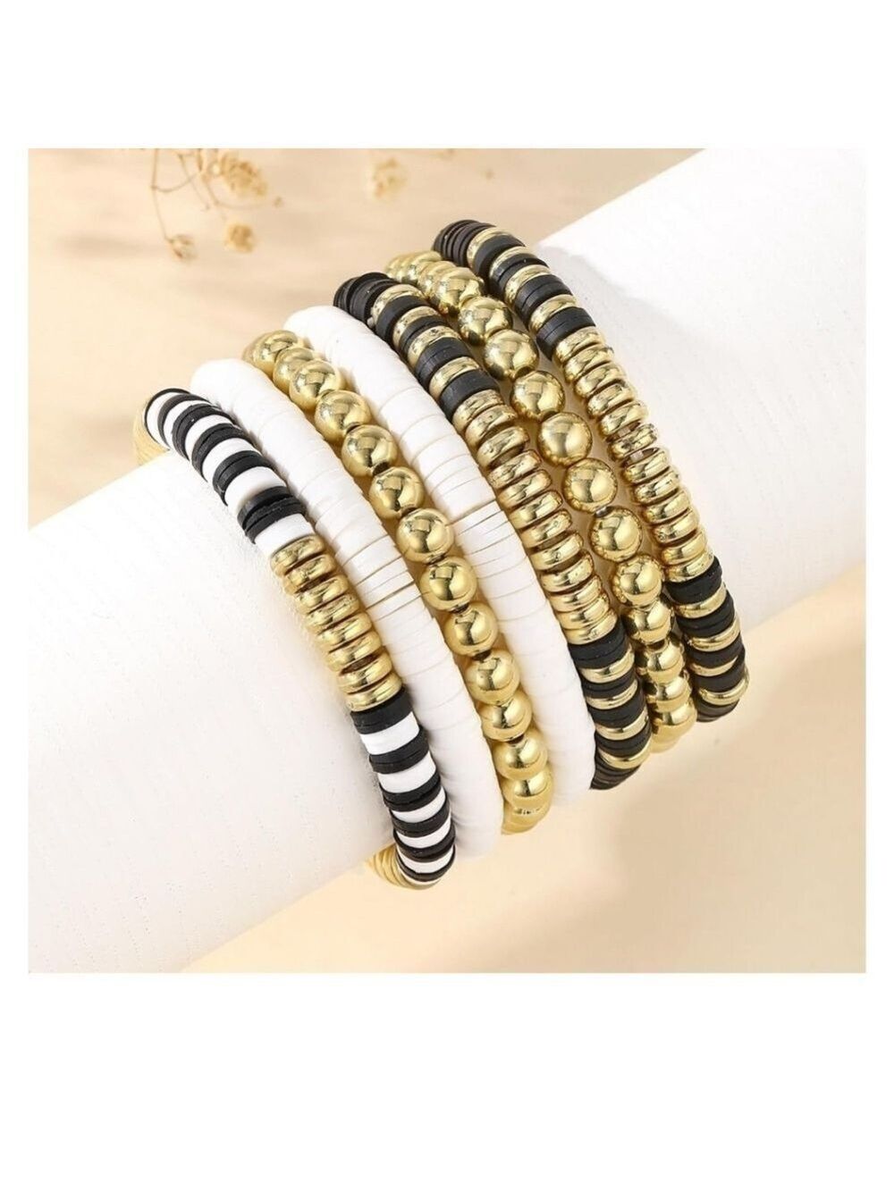 New Gold and Black Beaded Stretch Bracelet Set OS